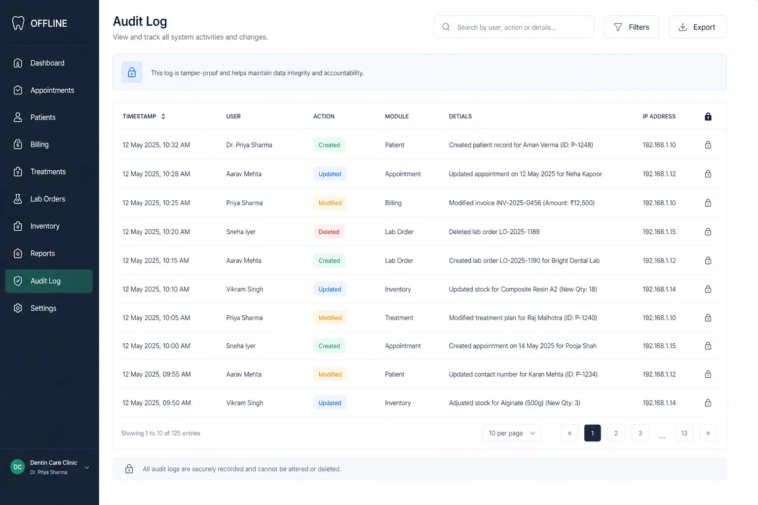 Offline audit log — tamper-proof timestamped entries showing user, action badges (Created, Updated, Modified, Deleted), module, details, and IP address