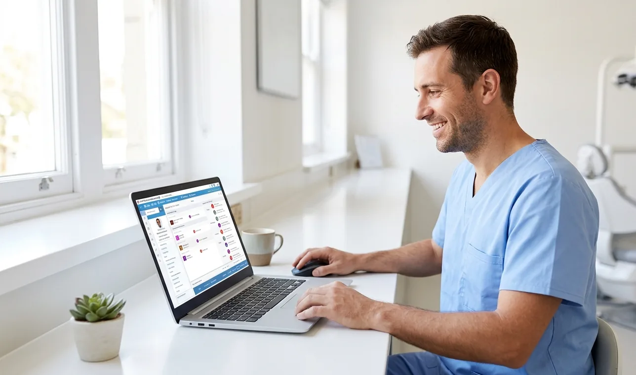 A dentist using the Offline dashboard on a laptop in a bright, modern clinic
