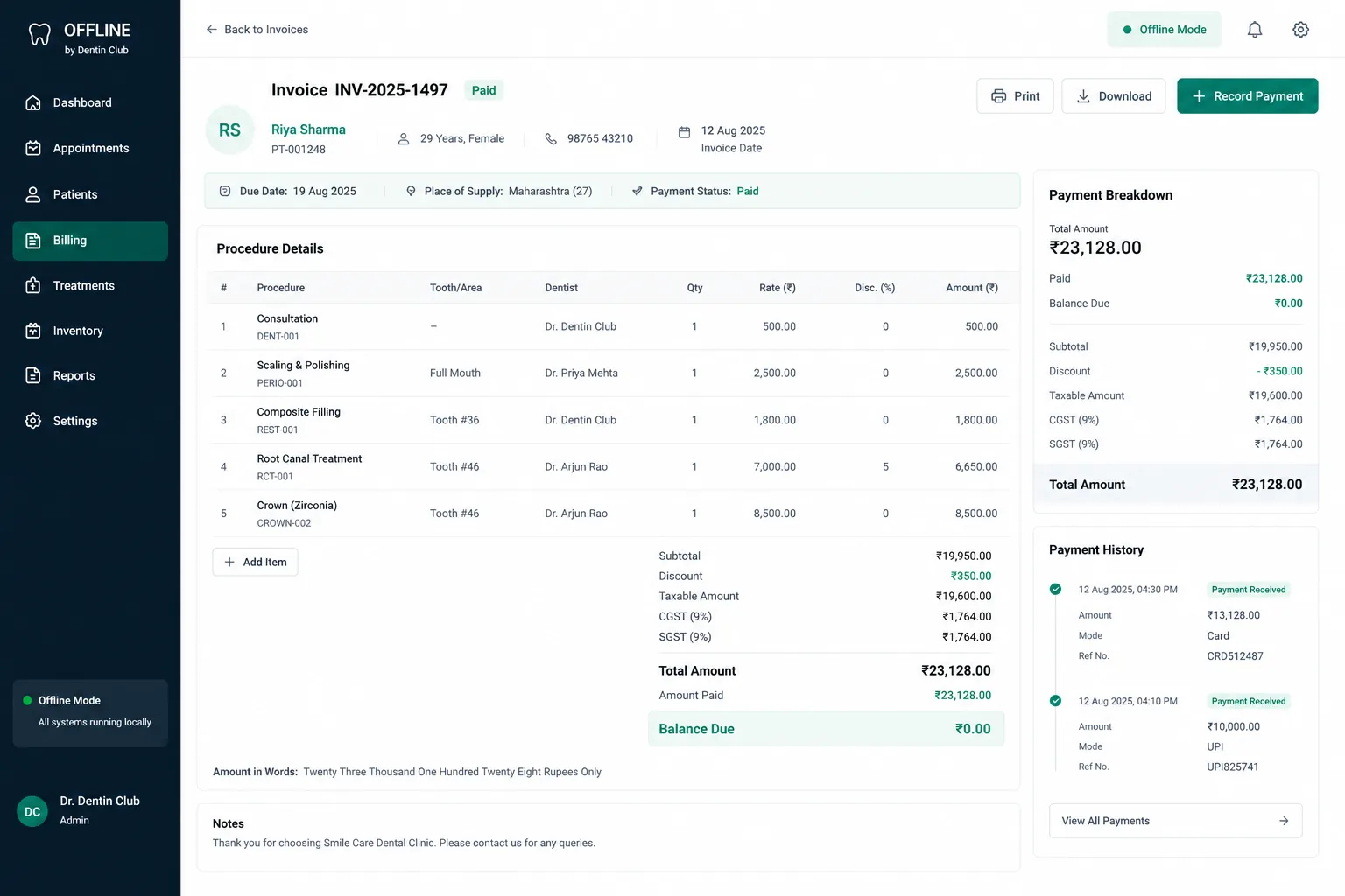 Offline invoice detail — procedure line items, GST breakdown, payment history, and balance due