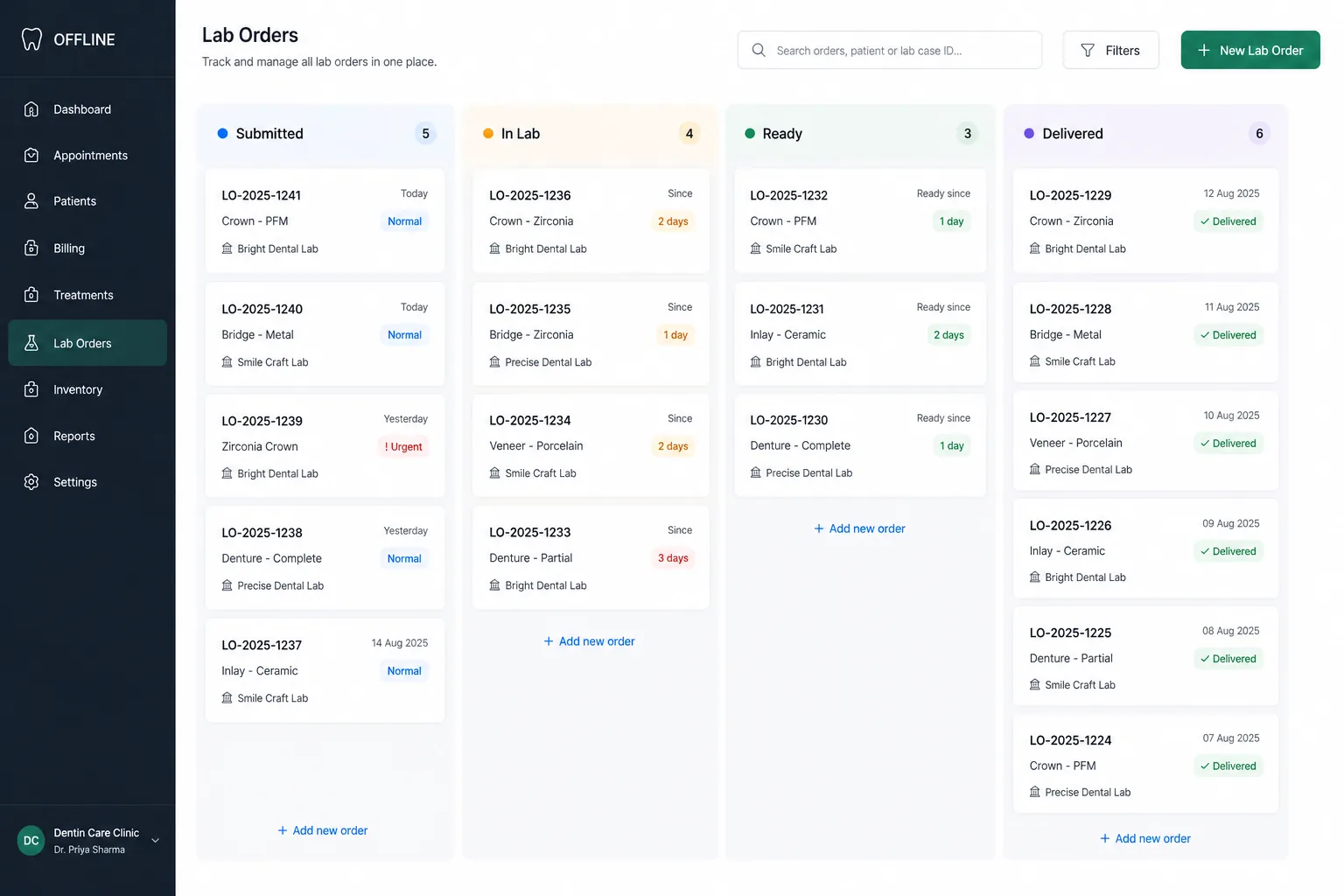 Offline lab orders kanban — Submitted, In Lab, Ready, and Delivered columns with case status, lab name, and urgency tags